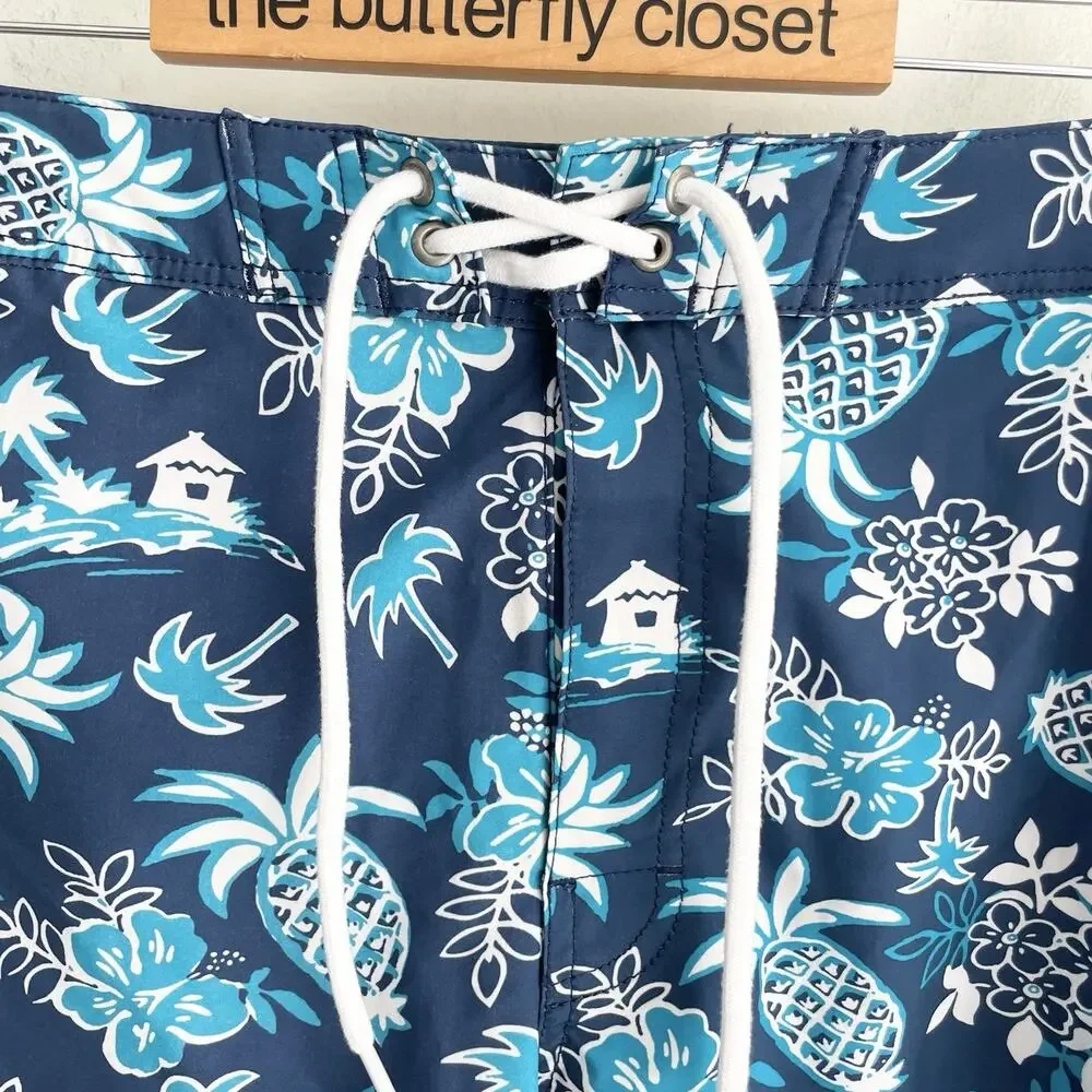 J. Crew Blue Tropical Print pineapple Drawstring Lined Swim Trunks Sz 33 12-5322